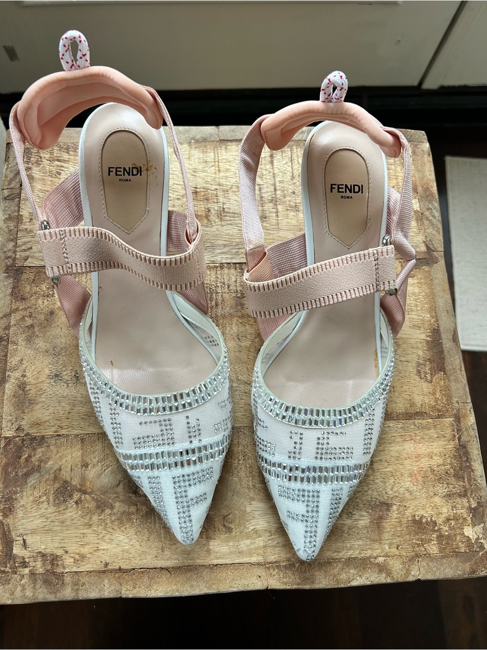 Fendi White Crystal-Embellished Pointed Slingbacks with Blush Straps